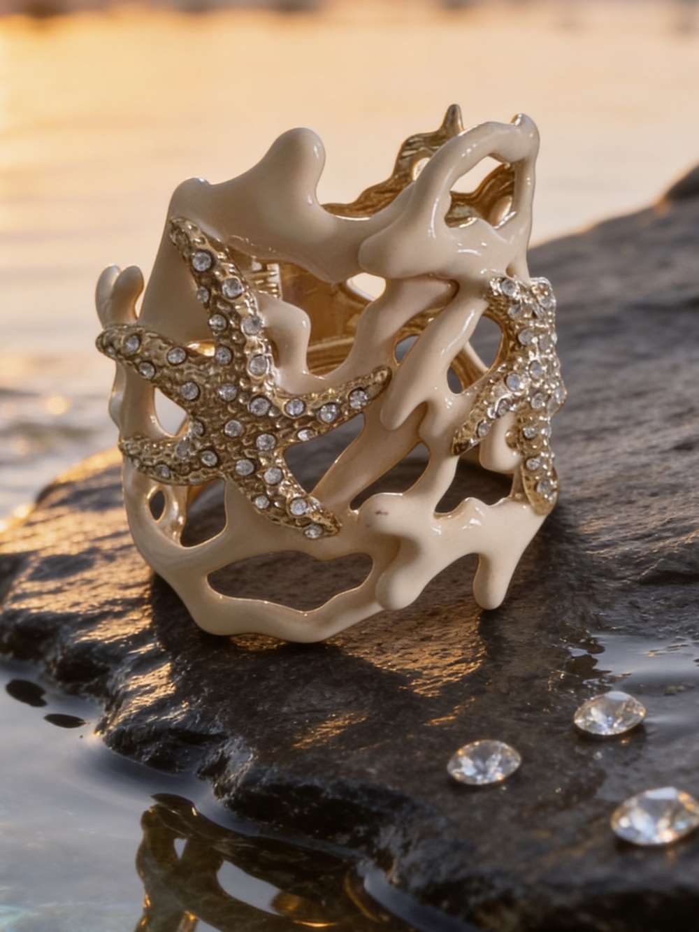 Coral Reef Crystal Starfish Cuff Bracelet in Nude Peach